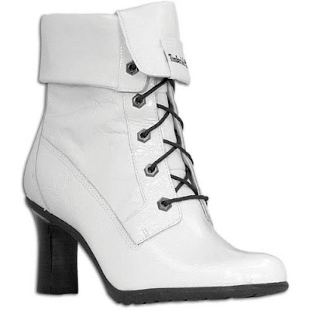 VINTAGE Timberland High Heel White Patent Leather Boots Bootie  55357 sz…